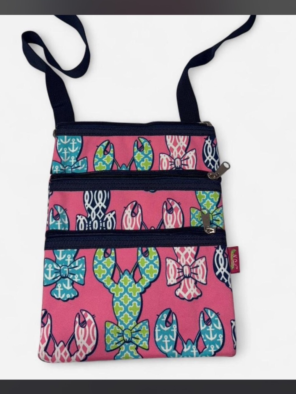 Pink Nautical Turtle Print Crossbody Bag with Navy Trim